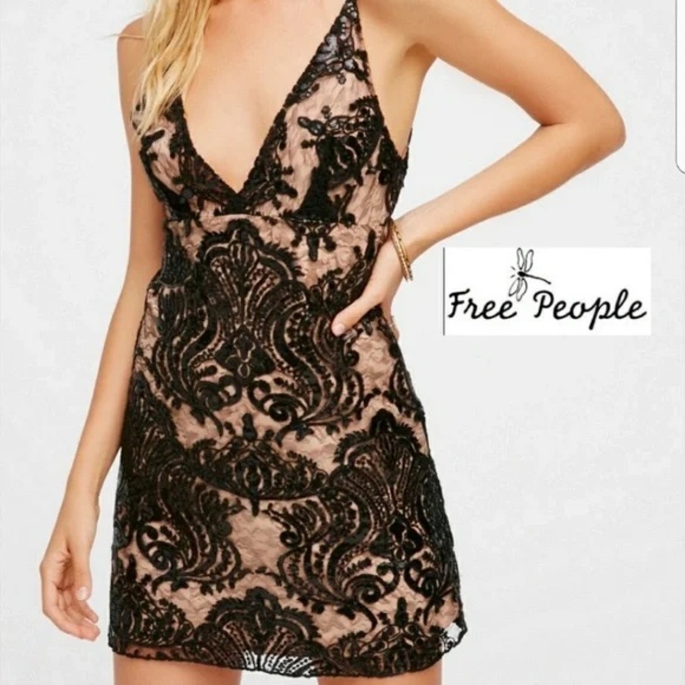 NWT Free People Black and Tan Sheath Dress Plunge Neckline Sleeveless